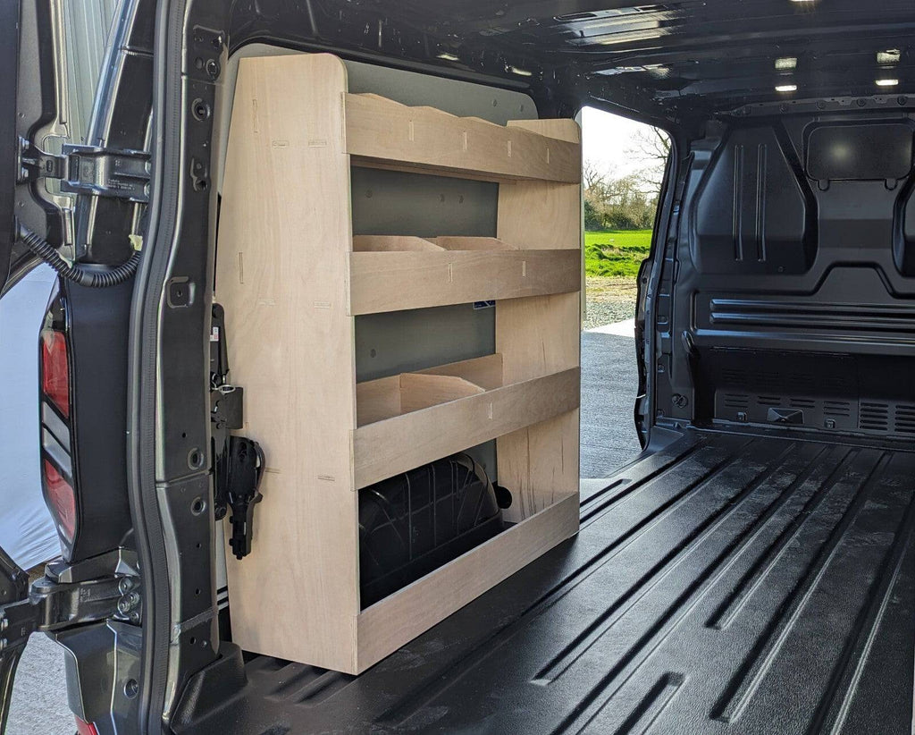 VW Transporter T7 SWB van shelving tool organiser for commercial vehicle storage and organization in the van cargo area.