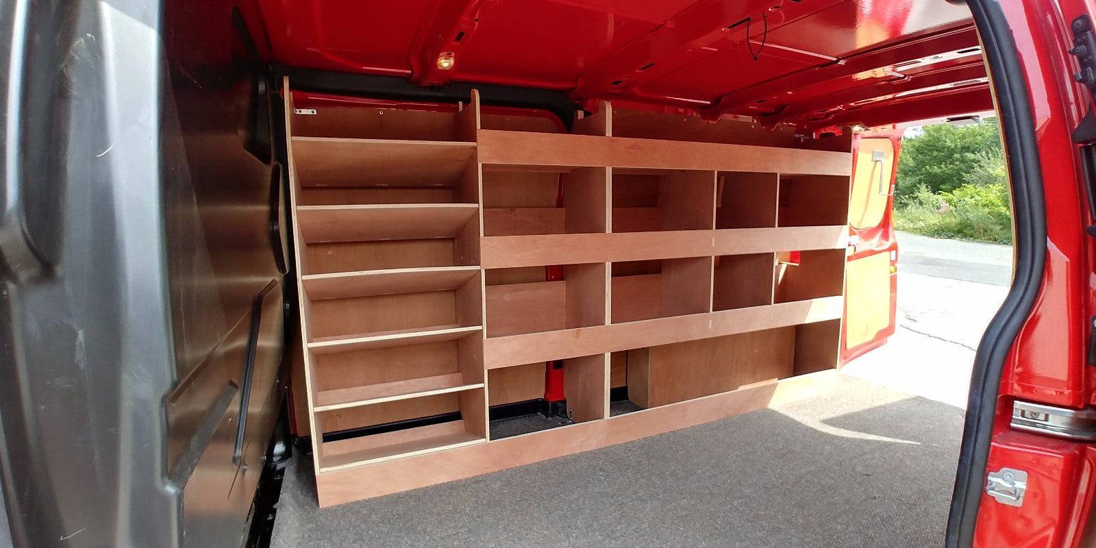 Ford Custom van racking with plywood shelving and deep storage case inside a LWB van, designed for tools and equipment organization.
