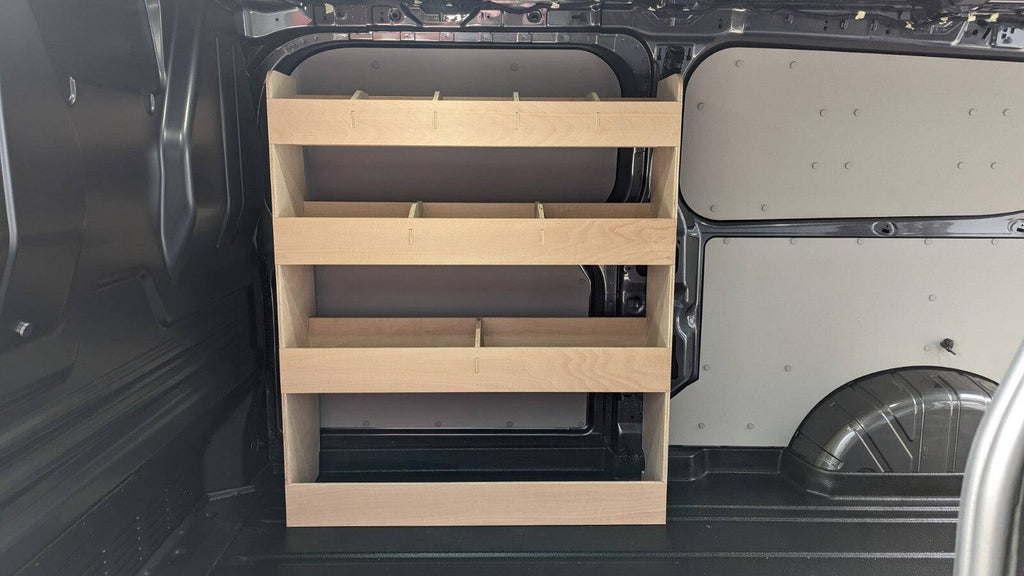 Ford Transit Custom 2024 Model SWB van racking system installed inside the vehicle for organized storage and cargo management.