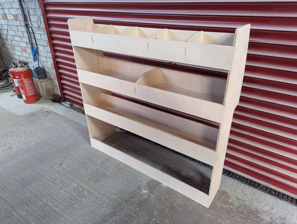 RS Ford Transit Connect 2014 van racking with side shelving, side and off-side storage, installed inside commercial vehicle cargo area.