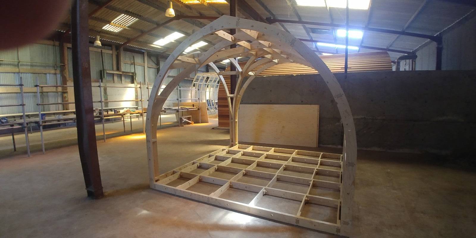 Shropshire CNC XL Center Door Pod Frame Kit in modular building, showing metal frame structure and door opening, 2.698m x 2.55m.