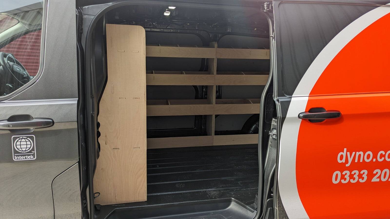 Ford Transit Custom Van racking system with triple shelves for 2024 LWB model, installed inside the cargo area of the van.
