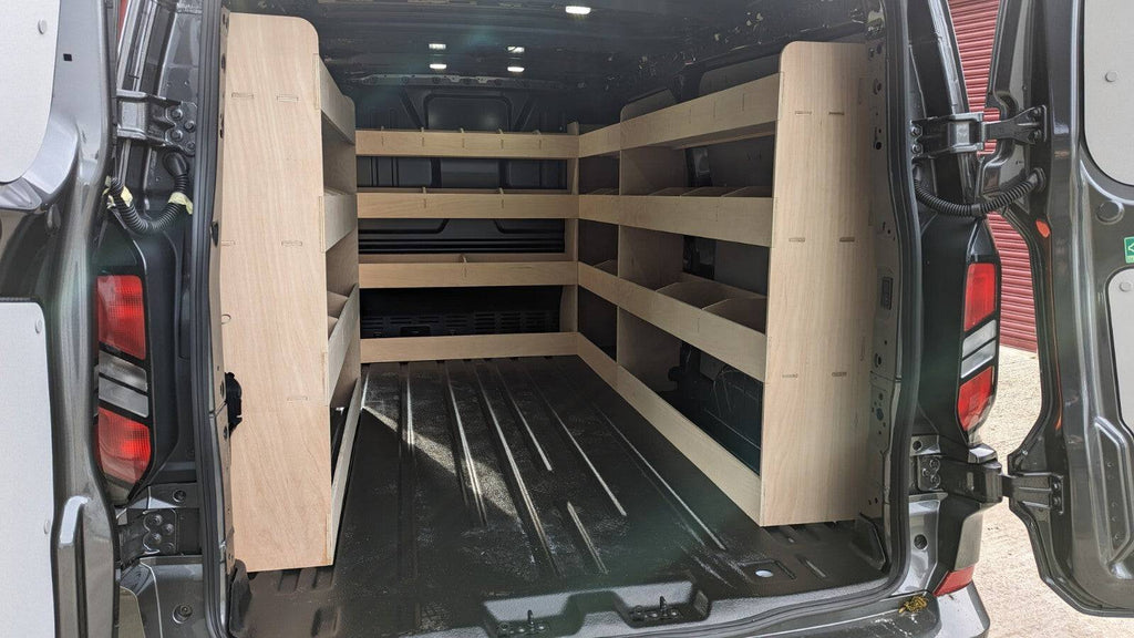 VW Transporter T7 LWB van shelving and racking tool organiser for commercial vehicle storage and organisation.