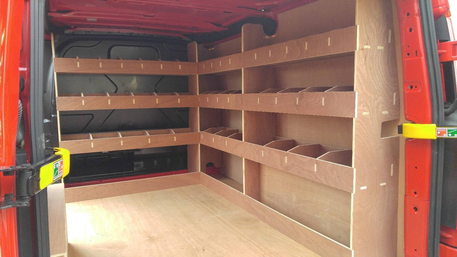 Ford Custom Van Racking LWB (L2) with triple 12mm plywood shelving for commercial van storage and organization.