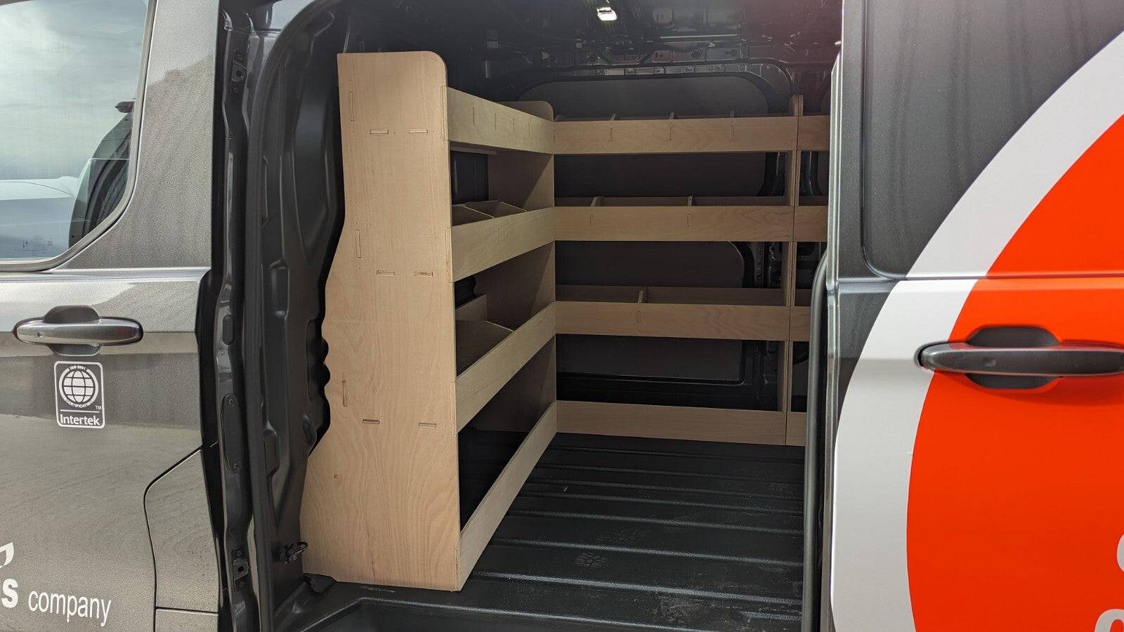 Ford Transit Custom Van 2024 LWB triple shelving racking system, installed in the cargo area for organized storage.