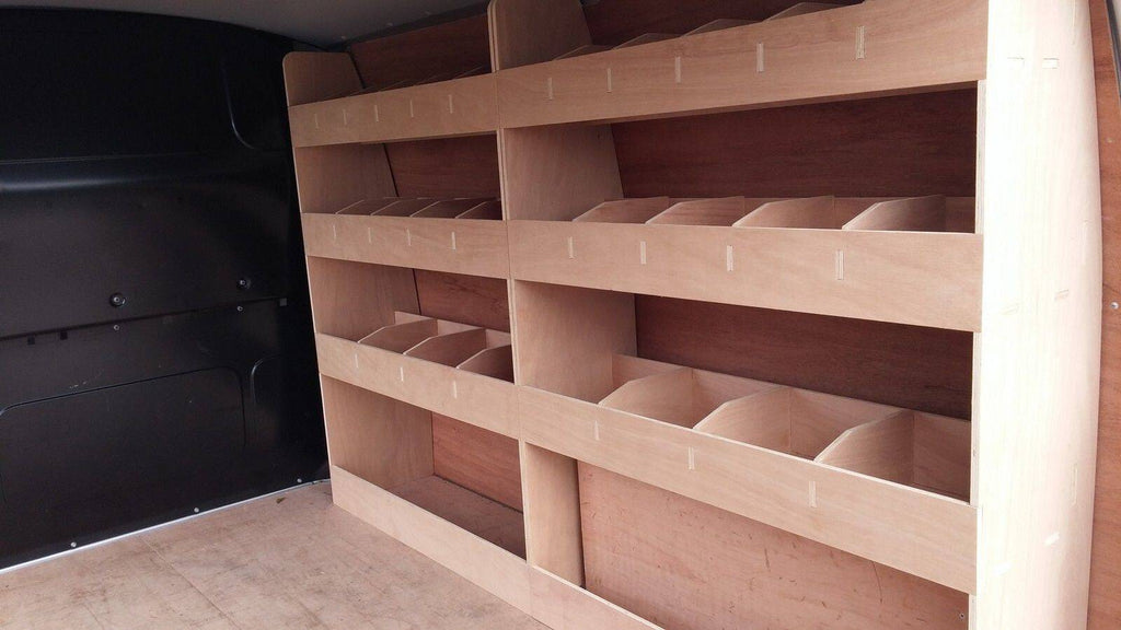 RS VW Transporter T5 T6 SWB full driver side van racking shelving for tool storage in commercial vehicle van interior.