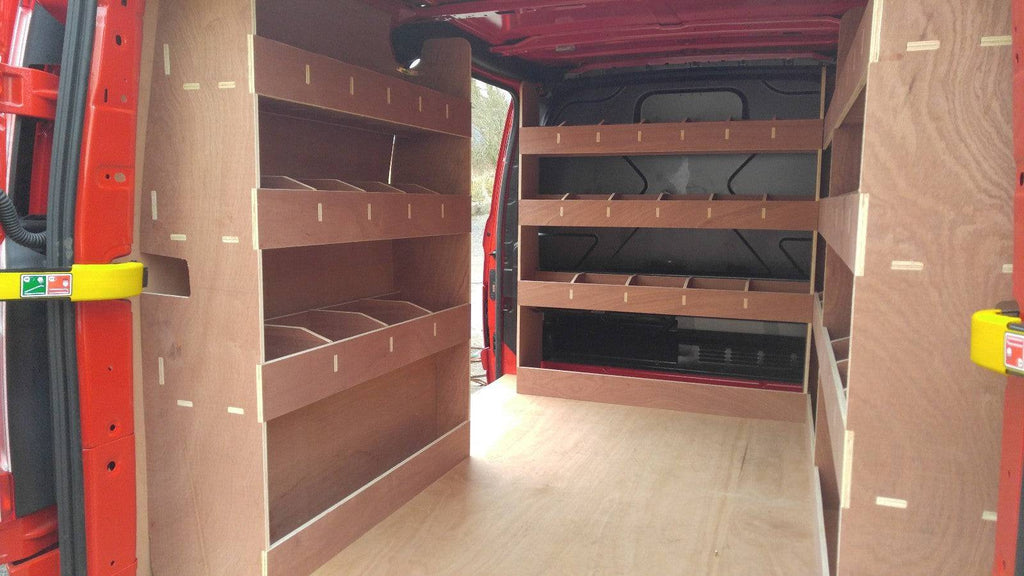 Ford Transit Custom SWB van shelving and racking system, organized tool storage for commercial vehicle interior.