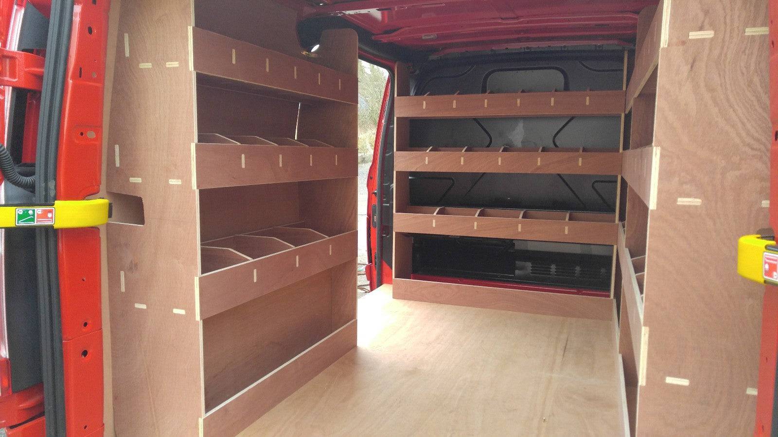 Ford Transit Custom SWB van shelving and racking system, organized tool storage for commercial vehicle interior.