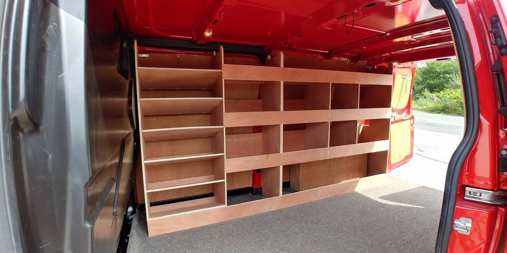 Ford Custom van racking with plywood shelving and deep storage compartments for LWB van interior organization.