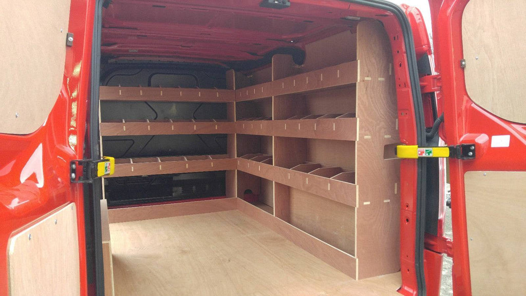 Ford Custom Van Racking LWB triple with 12mm plywood shelving for commercial vehicle storage and organization in a van interior.