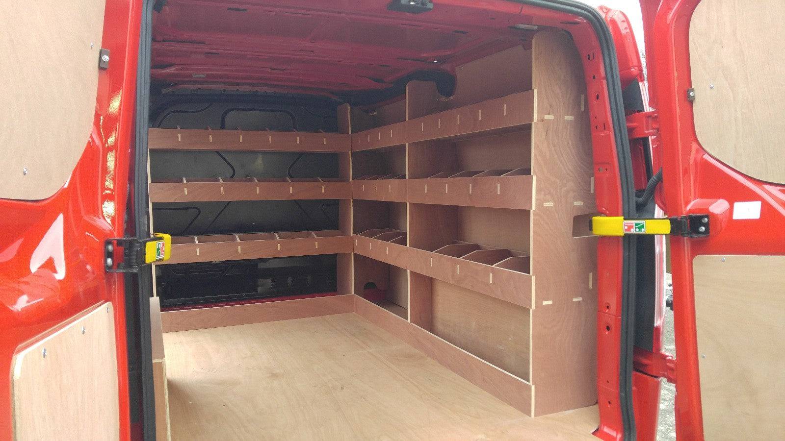 Ford Custom Van Racking LWB triple with 12mm plywood shelving for commercial vehicle storage and organization in a van interior.