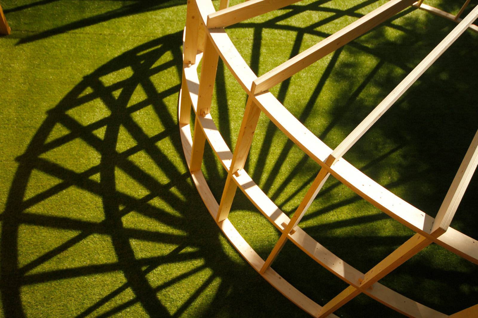Shropshire CNC yurt pod frame kit with 4.2m modular building structure, showing assembled wooden frame.