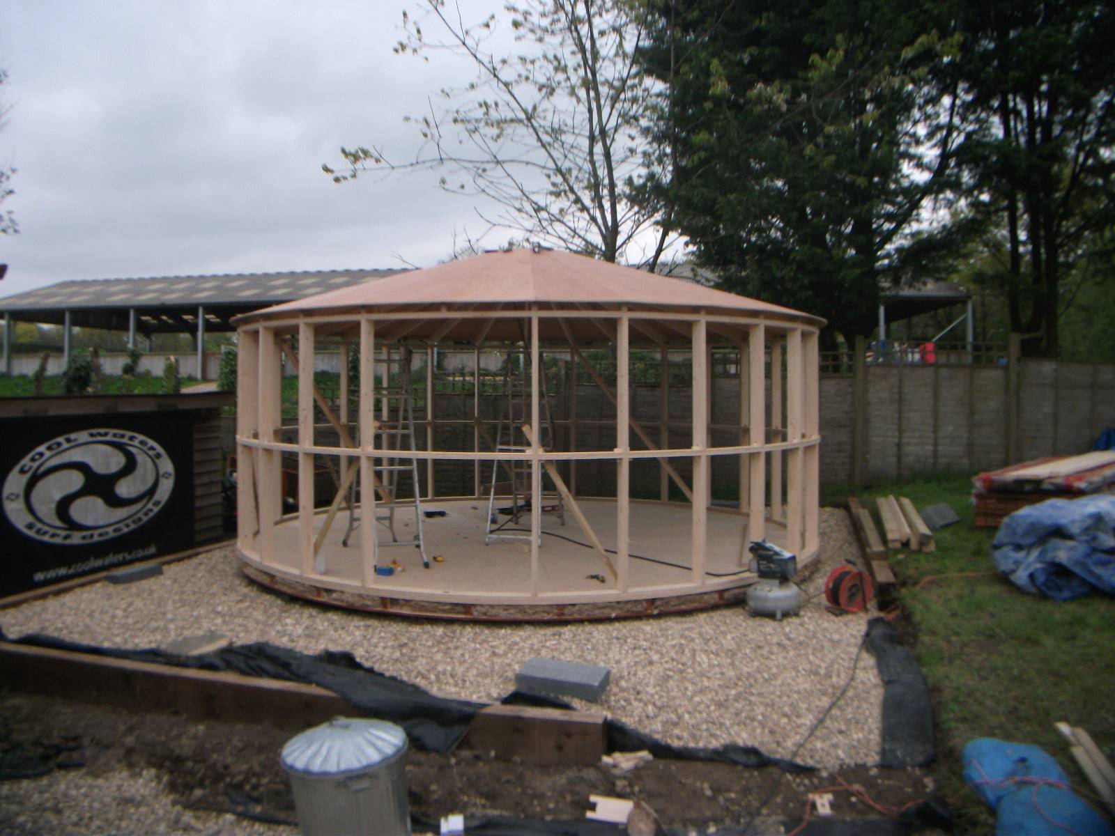 Shropshire CNC 4.2m Yurt Pod Frame Kit for modular buildings, showing metal support structure and assembly components.