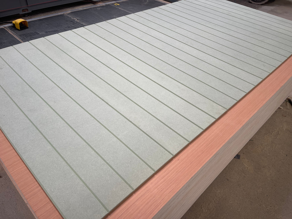 Shropshire CNC MDF 9mm V Groove Wall Panel Kit showing assembled wall panels with a modern V groove design.