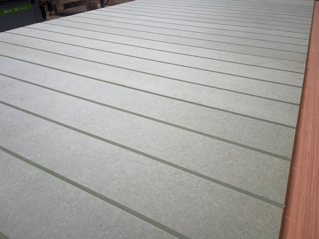 Shropshire CNC MDF 6mm V Groove Wall Panel Kit showing textured V-shaped grooves on smooth MDF panels.