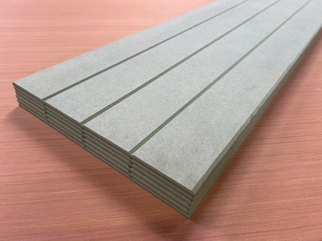 Shropshire CNC MDF 9mm V Groove Wall Panel Kit showing textured white MDF panels with V groove design and installation details