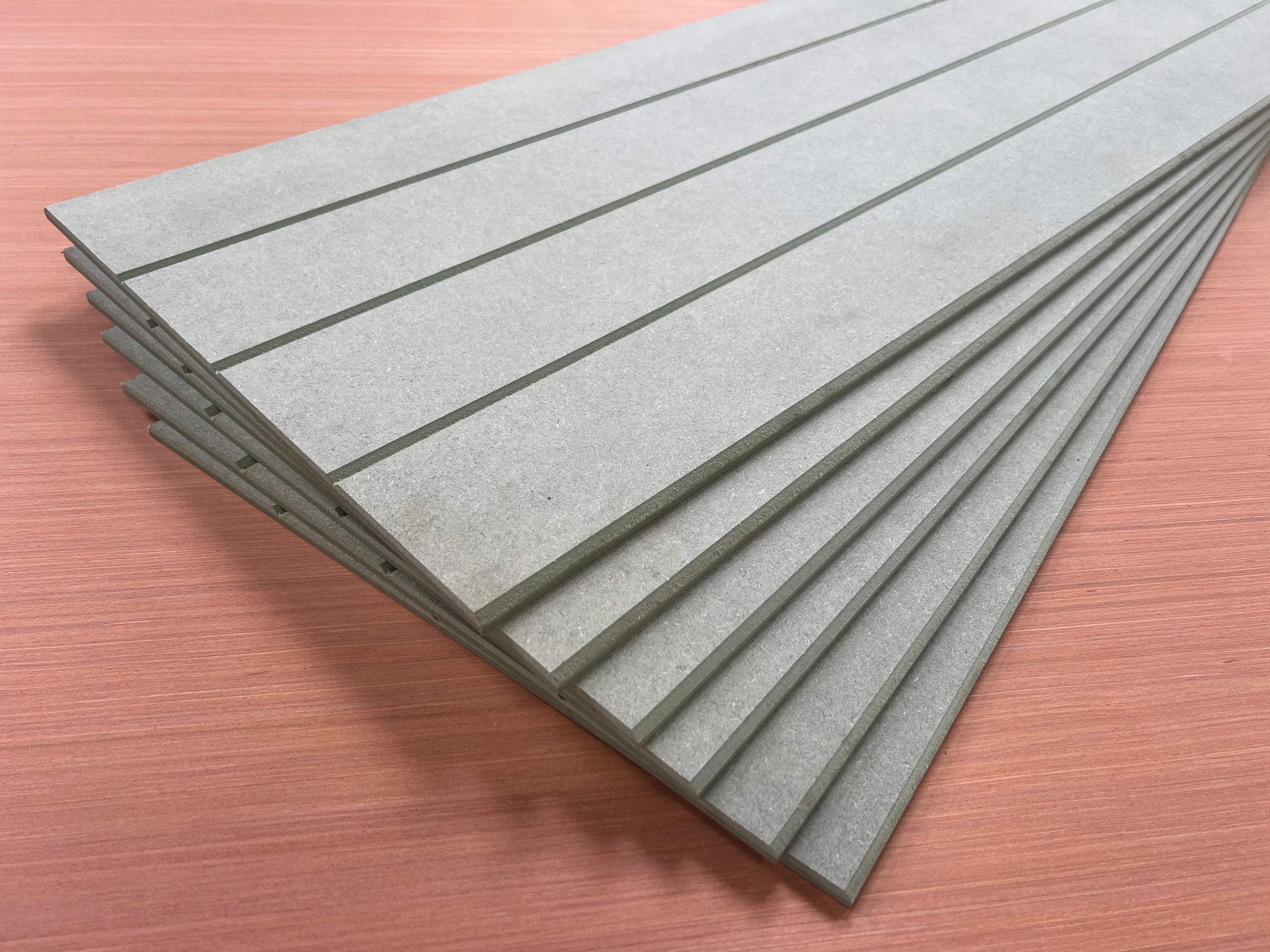 Shropshire CNC MDF 9mm V Groove Wall Panel Kit showing assembled textured wall panels with V-shaped grooves.