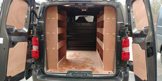 Citroen Dispatch LWB 2016 van with triple-unit plywood shelving racking for commercial vehicle storage.