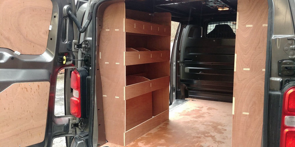 Citroen Dispatch LWB 2016 van with triple-unit plywood shelving van racking for organized cargo storage.