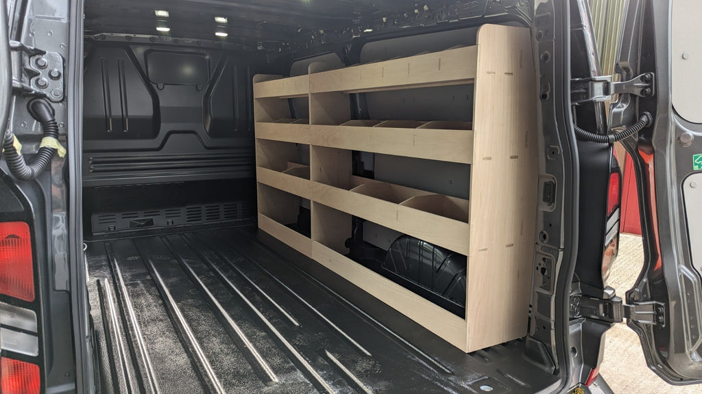 Ford Transit Custom 2024 LWB van racking and double shelving for commercial vehicle storage and organization.