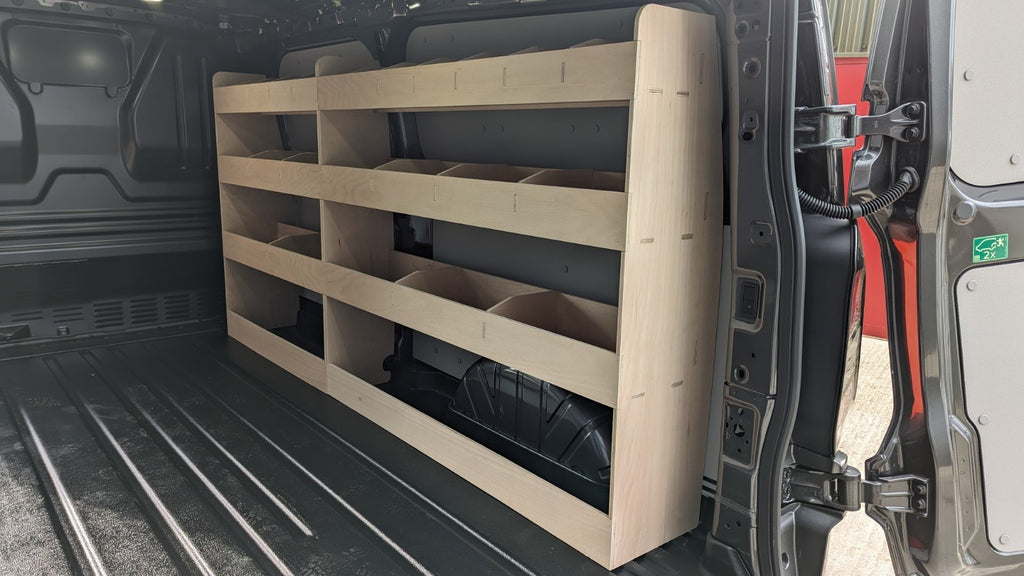Ford Transit Custom Van Racking 2024 model, LWB double van shelving for commercial vehicle storage and organization.