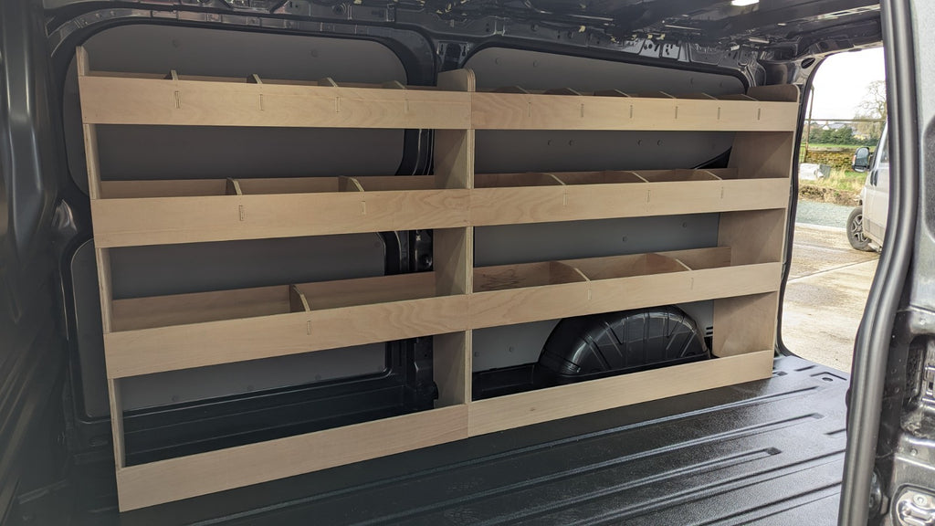 Ford Transit Custom Van Racking 2024 LWB double shelving system for commercial vehicle storage inside the van.