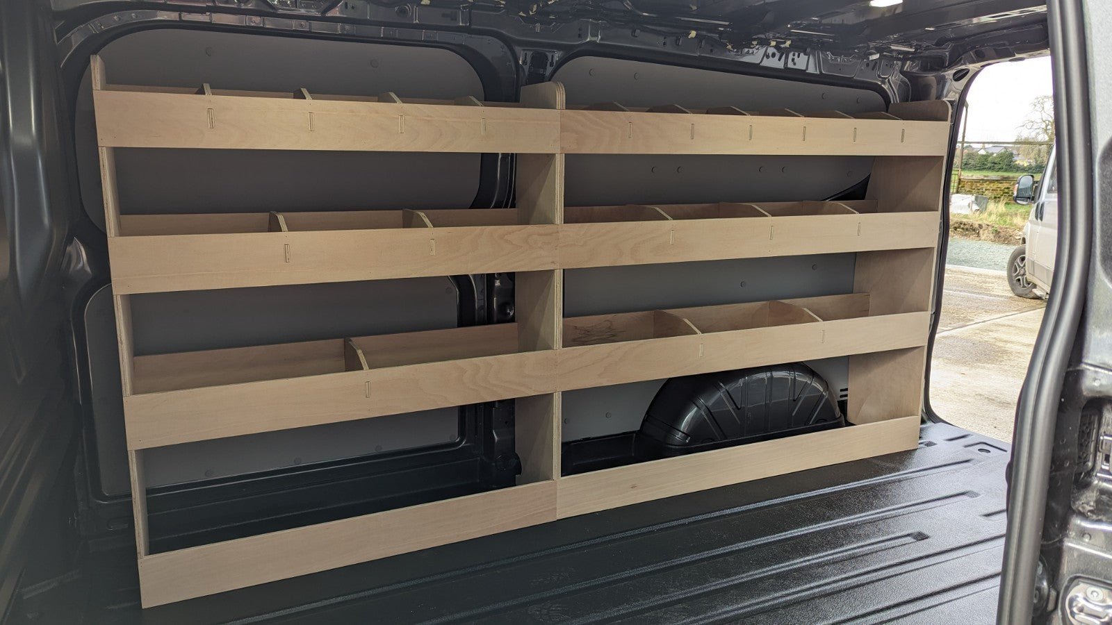 Ford Transit Custom Van Racking 2024 LWB double shelving system for commercial vehicle storage inside the van.