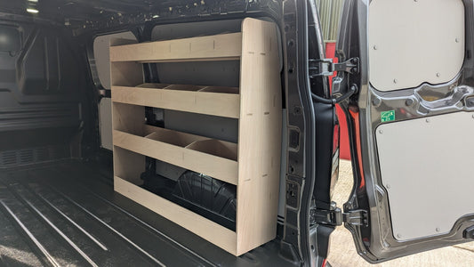 Ford Transit Custom 2024 LWB van racking system with tool organiser for efficient vehicle storage and organisation.