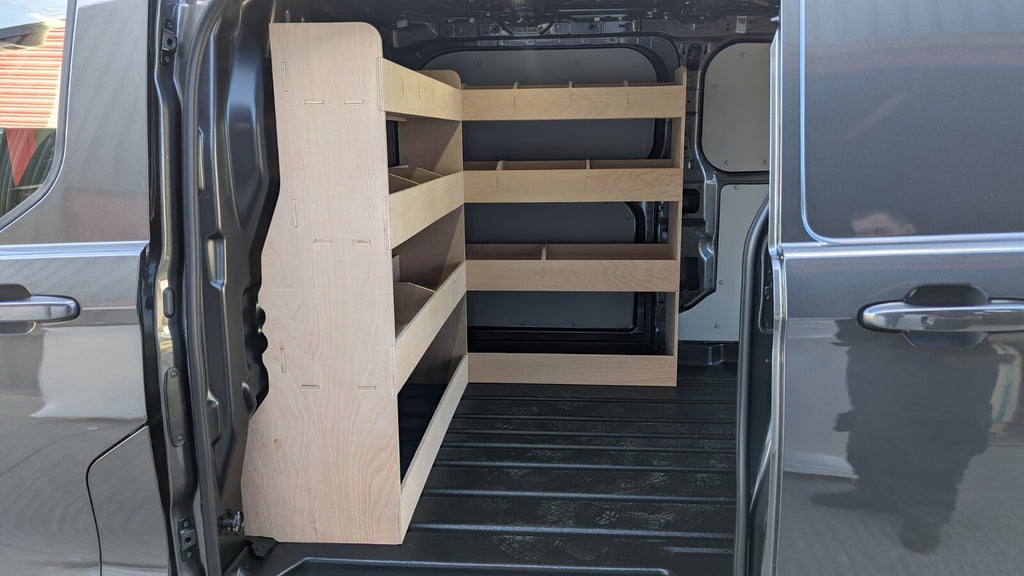 Ford Transit Custom 2024 SWB van racking and shelving organizer for commercial vehicle storage and tool organization.