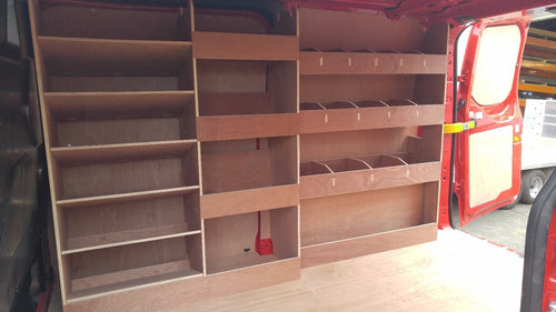 Ford Custom SWB plywood racking storage shelf system with full O/side units for commercial vans and pickups.