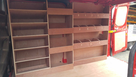 Ford Custom SWB plywood racking storage shelf system with pass side rear, designed for commercial van or pickup vehicle.