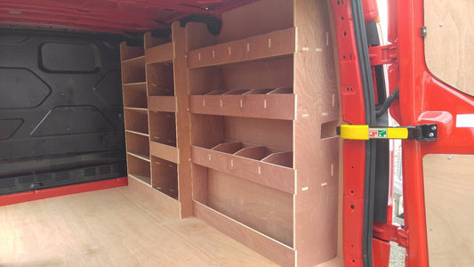 Ford Custom SWB plywood racking storage shelf system with pass side rear for commercial van or pickup vehicle.