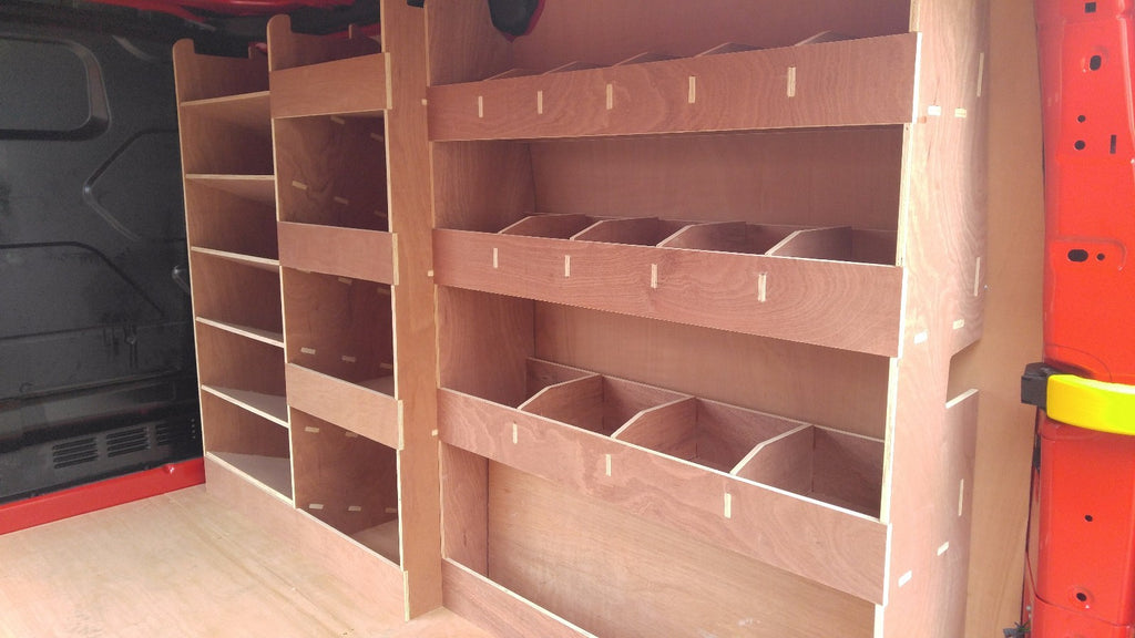 Ford Custom SWB plywood racking storage shelf system with pass side rear for commercial van or pickup vehicle interior.