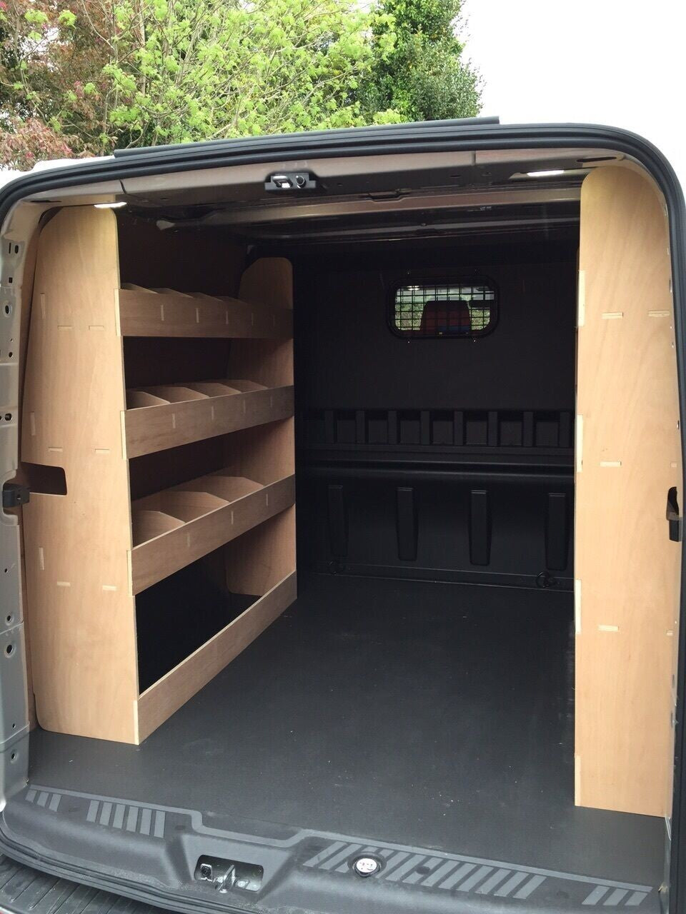 Ford Transit Custom crew cab L2 LWB van with double rear set plywood interior, 2012-2023 commercial vehicle parts and accessories.