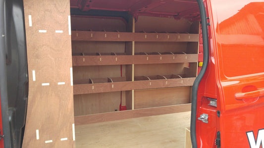 Ford Transit Custom SWB 2012-2023 triple plywood shelving unit for van storage and organization in the cargo area.