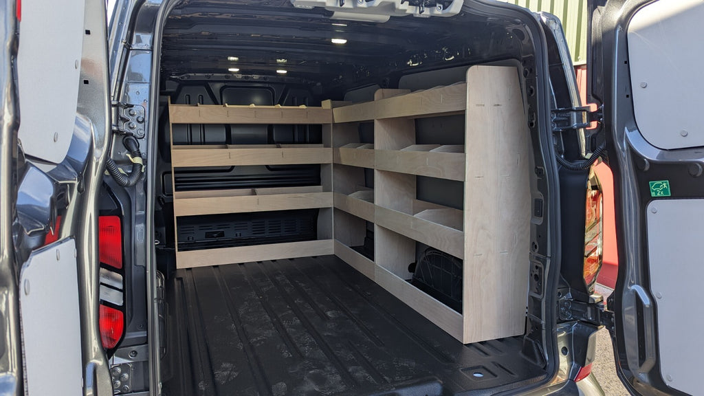 Ford Transit Custom SWB 2024+ triple unit plywood cargo van interior part for commercial vehicle storage.