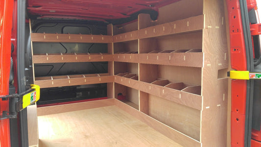 Ford Transit Custom van shelving with triple storage racks and tool organizer for efficient vehicle storage.