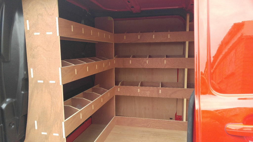 Ford Transit Custom LWB van racking with triple shelving and storage tool organizer for efficient vehicle organization.