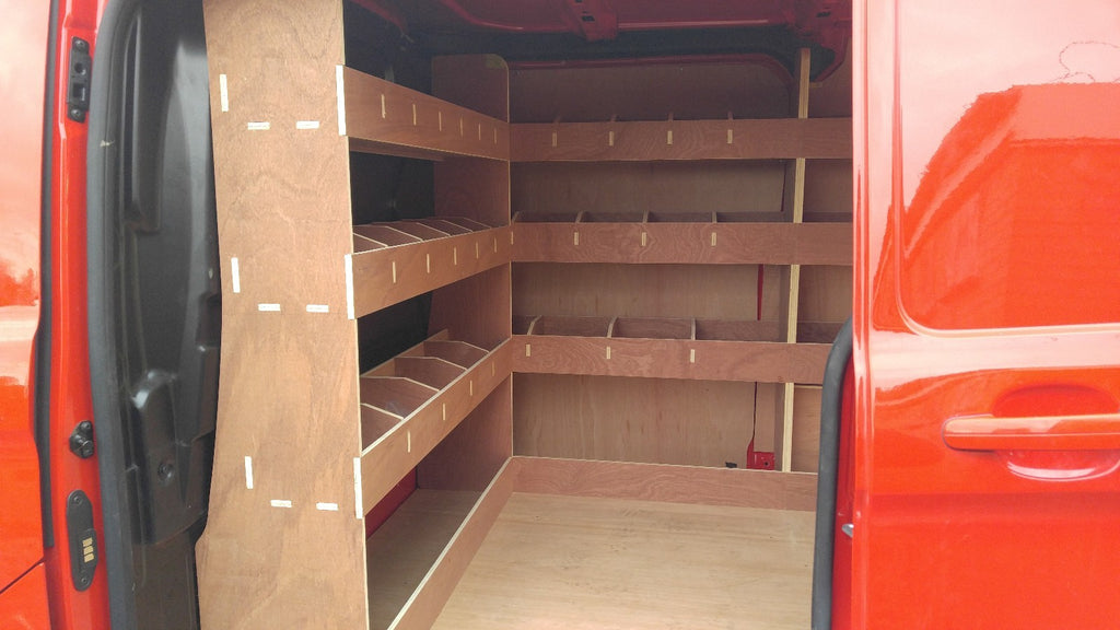 Ford Transit Custom van racking with triple shelving storage organizer designed for efficient tool and equipment storage.
