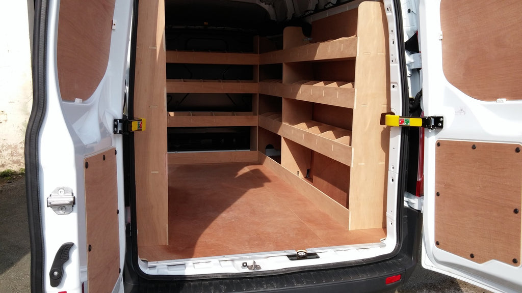 Ford Transit Custom LWB van racking with plywood shelving for storage organization, designed for commercial vehicle interior.