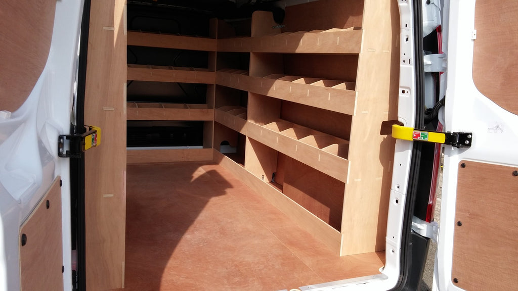 Ford Transit Custom LWB van racking with plywood shelving and storage organiser for commercial vehicle organisation.