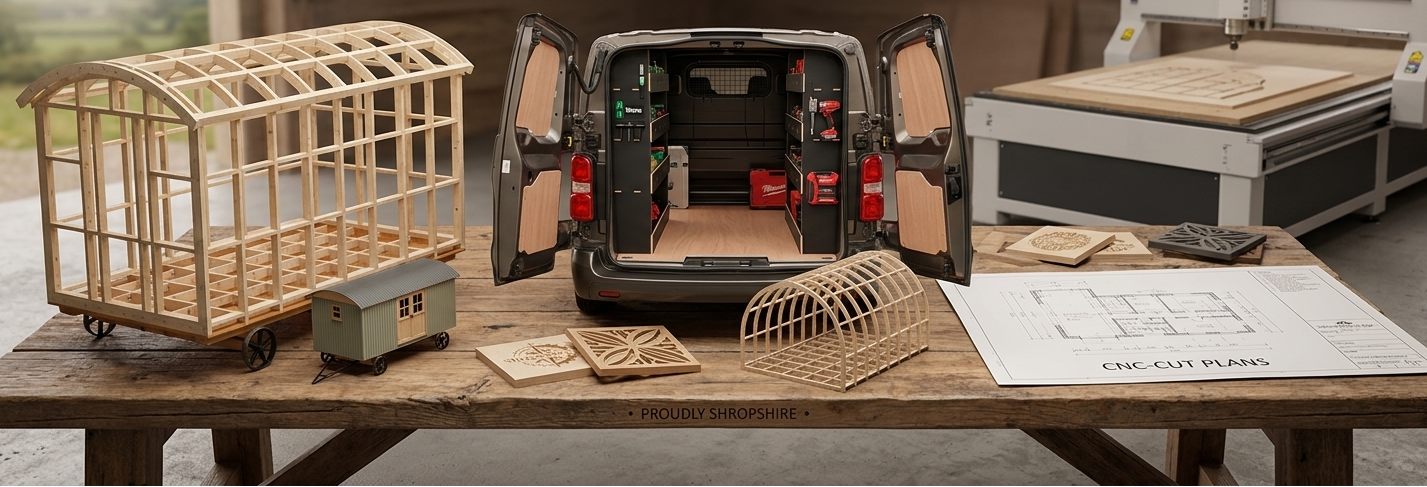 hero image for shropshire cnc displaying a table of products visualised in a workshop