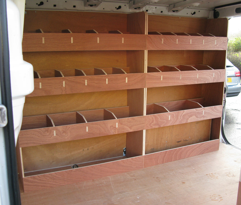 Renault Trafic SWB Van 2008-2013 double unit plywood shelving racking for commercial vehicle storage.