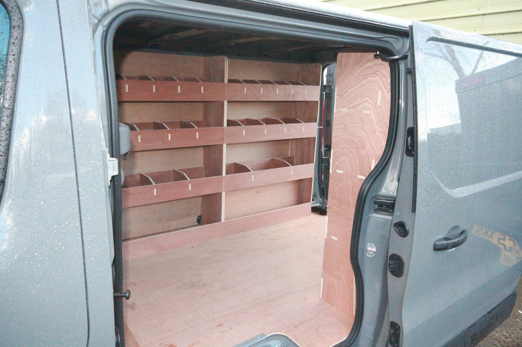 Renault Trafic SWB 2014-2018 triple unit plywood shelving van racking for commercial vehicle storage and organization.