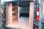 Renault Trafic SWB 2014-2018 triple-unit plywood shelving van racking system for commercial vehicle organization.