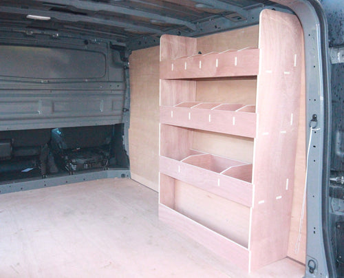 Fiat Talento SWB van with plywood shelving and racking for commercial vehicle storage and organization.