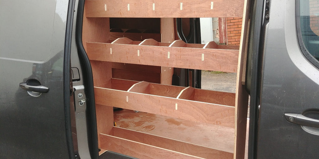 RS Citroen Dispatch MWB 2016+ triple-unit van racking with plywood shelves installed inside the vehicle.
