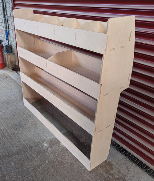 RS Ford Transit Connect van rack and shelving on driver side for storage, designed for 2014 and newer models.