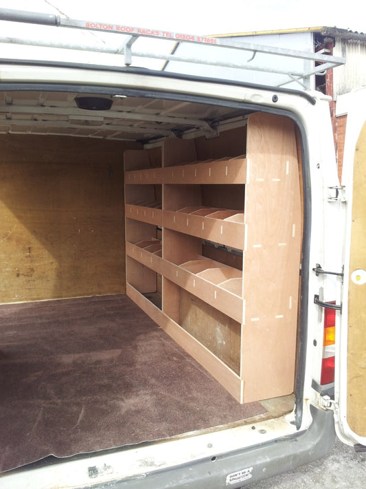 RS Ford Transit MK6 MK7 SWB double side van racking with plywood shelving for storage and organization inside the vehicle.