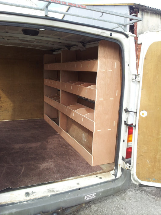 RS Ford Transit MK6 MK7 SWB double side van racking with plywood shelving for storage in commercial vehicle interior.